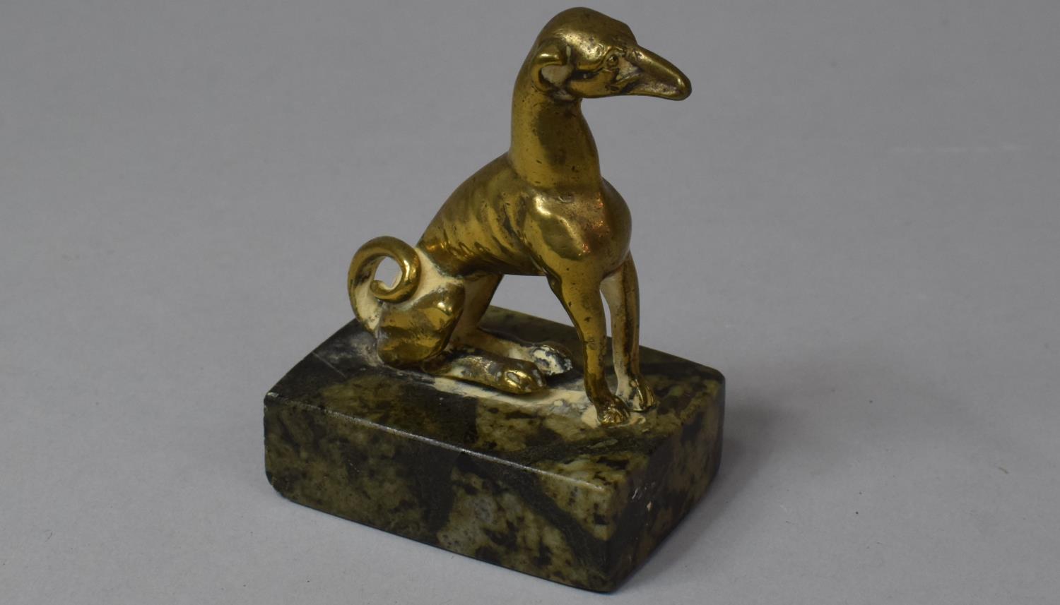 A Small Brass Study of a Seated Greyhound on Rectangular Marble Plinth with Paper Label Inscribed - Bild 2 aus 3