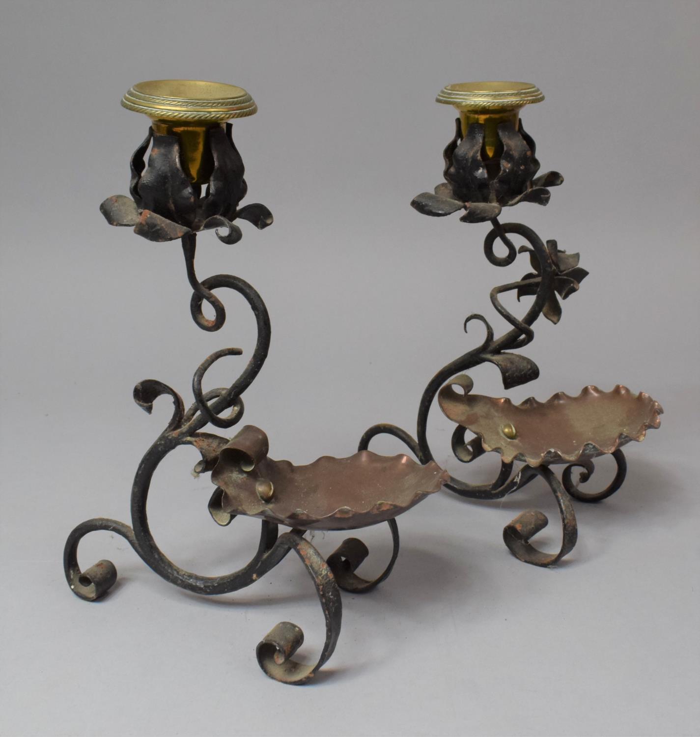 A Pair of Brass and Copper Mounted Wrought Iron Candle Sticks on Scrolled Tripod Support, 21cm High