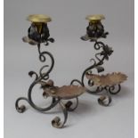 A Pair of Brass and Copper Mounted Wrought Iron Candle Sticks on Scrolled Tripod Support, 21cm High