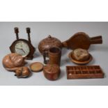 A Collection of Various Treen Items to Include Bellows, Candle Sticks, Lidded Pot, Cat Figures etc