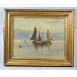 A Gilt Framed Oil Depicting Fishing Barges in Calm Sea, Signed J SHort, 37x28cm