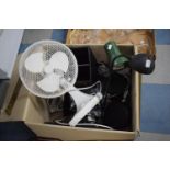 A Box Containing Two Desktop Reading Lamps, Table Top Fan, Stationery Rack and Other Sundries etc