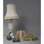 A Collection of Three Onyx Table Lighters, Pair of Onyx Bookends, Glass Globular Pen Stand and White