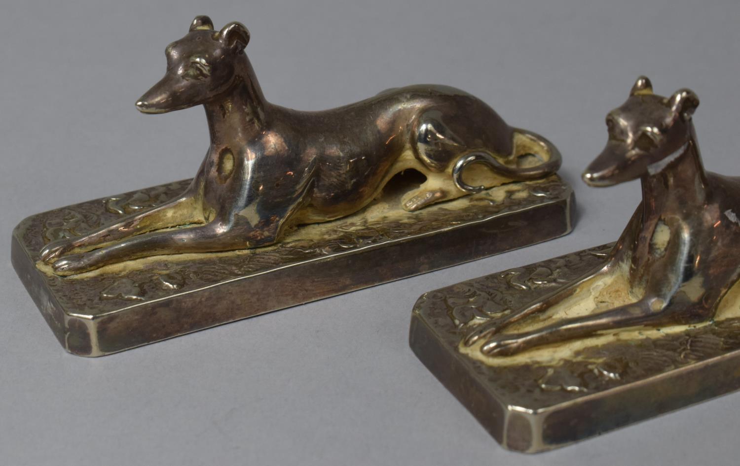 A Pair of Silver Plated Mounts in the Form of Reclining Greyhounds on Rectangular Bases, Each 9cm - Bild 3 aus 3