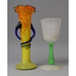 A Continental Coloured and Opaque Glass Goblet and a Two Handled Wavy Rimmed Vase, 24cm high