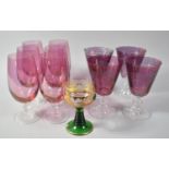 A Collection of Four Etched Cranberry Wines, Six Goblets and a Hock Glass