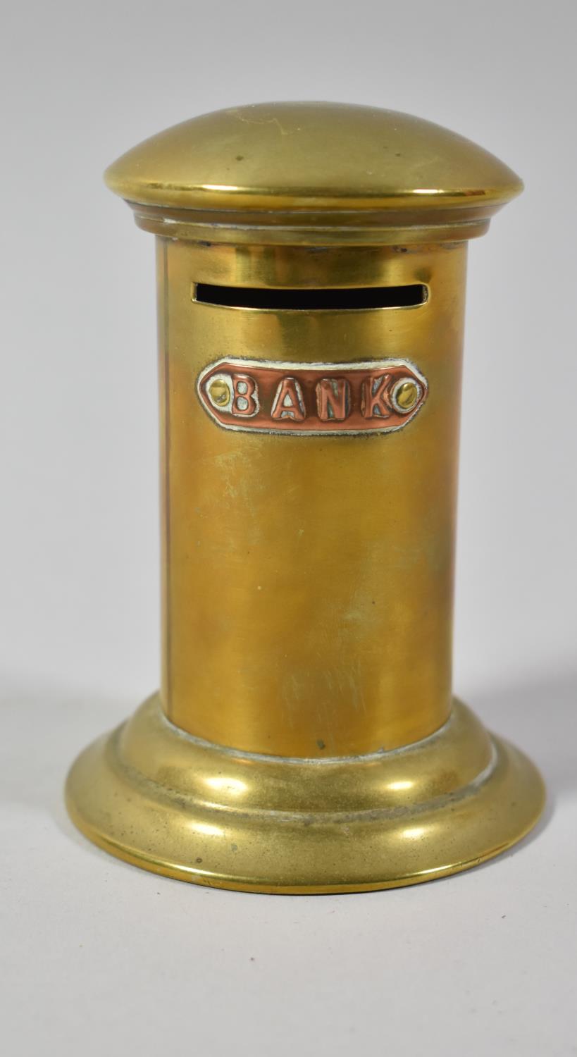 A Late Victorian/Edwardian Brass and Copper Money Bank in the Form of a Postbox, 10.5cm high