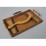 An Edwardian Oak Rectangular Galleried Tray and Matching Crumb Tray and Brush