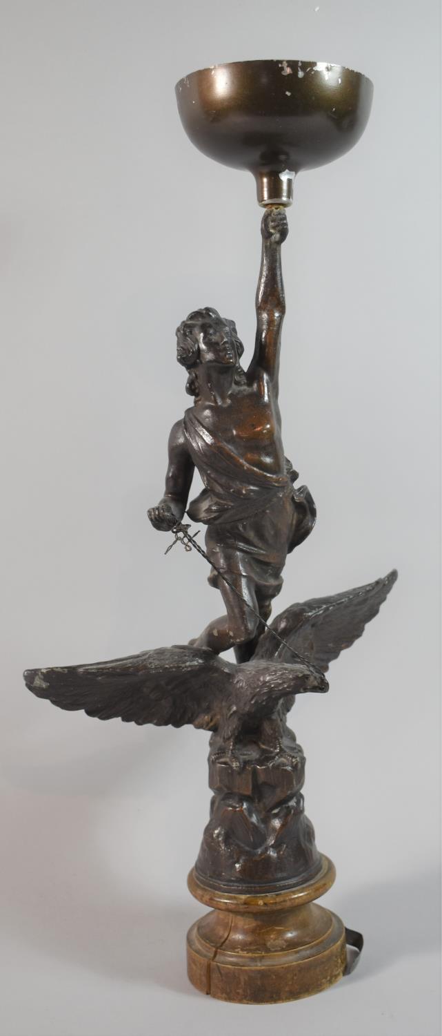 A French Spelter Figural Ornament, Replacement Bowl to Top, Inscribed "Le Commerce", 52cm High