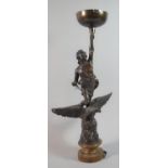 A French Spelter Figural Ornament, Replacement Bowl to Top, Inscribed "Le Commerce", 52cm High
