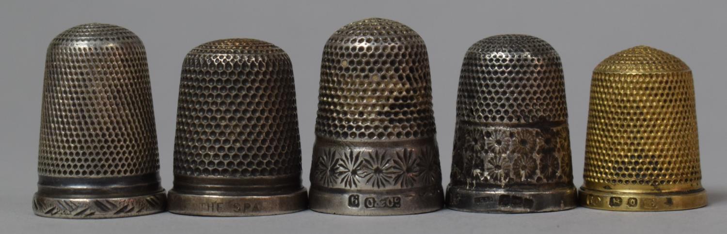 A Collection of Four Silver Thimbles and One Other, Various Hallmarks