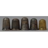 A Collection of Four Silver Thimbles and One Other, Various Hallmarks