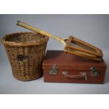 A Vintage Case, Wicker Waste Bin and a Tennis Racket