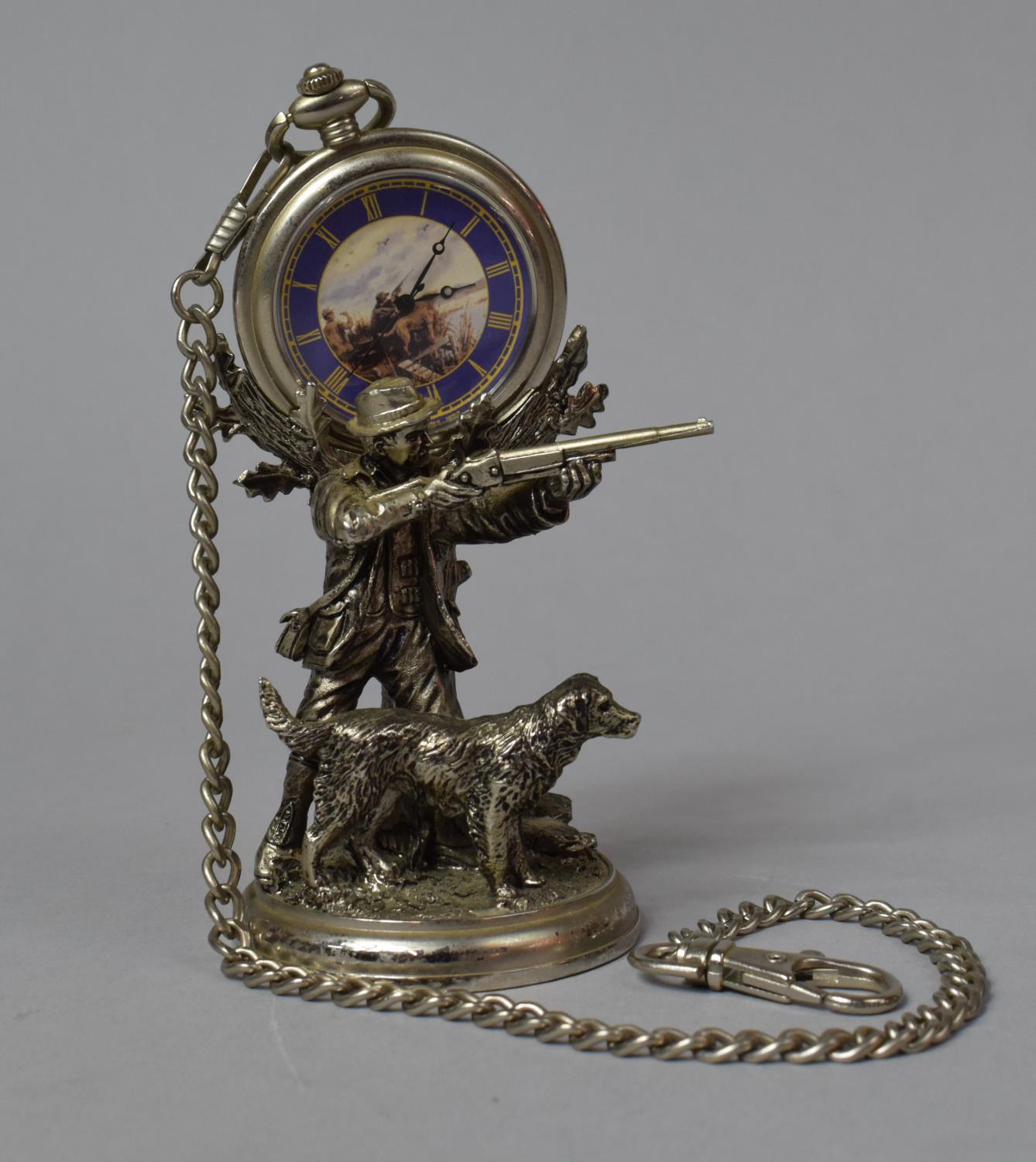 A Modern White Metal Novelty Pocket Watch Holder In the Form of Huntsman with Shotgun and Dog