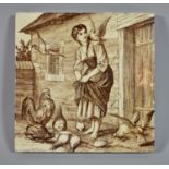 A Transfer Printed Mintons Sepia Tile, Girl Feeding Poultry, 15cm Square
