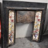 An Art Nouveau Cast Iron Fire Surround with Tiled Panels, Tiles AF, 96.5cm wide