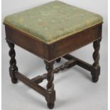 A Late Victorian/Edwardian Oak Square Lift Top Stool on Barley Twist Supports Containing Quantity of