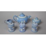 A Collection of Six Pieces of Wedgwood Jasperware to comprise Teapot, Three Lidded Canisters, Jug