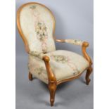 A Mid 20th Century Balloon Backed Ladies Arm chair on Scrolled Supports