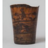 A 19th Century Decorated Horn Beaker with Incised Fox Hunting Scenes, the Base Monogrammed IRR, 10cm