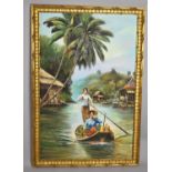 A Large Far Eastern Gilt Framed Oil on Canvas, Ladies En Route to Floating Market, Signed Wasan,