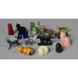 A Collection of Various Cat Ornaments to Include Faux Cinnabar Lacquer, Patinated Bronze, Metal