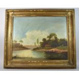 A Gilt Framed 19th Century Oil on Canvas Depicting Boat with Figures on River, 65x53cm