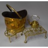 A Mid 20th Century Brass Helmet Shaped Coal Scuttle (Missing Back Handle), Rectangular Trivet