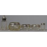 Three Silver Topped Glass Salts and an Unrelated Salt and Pepper Pots