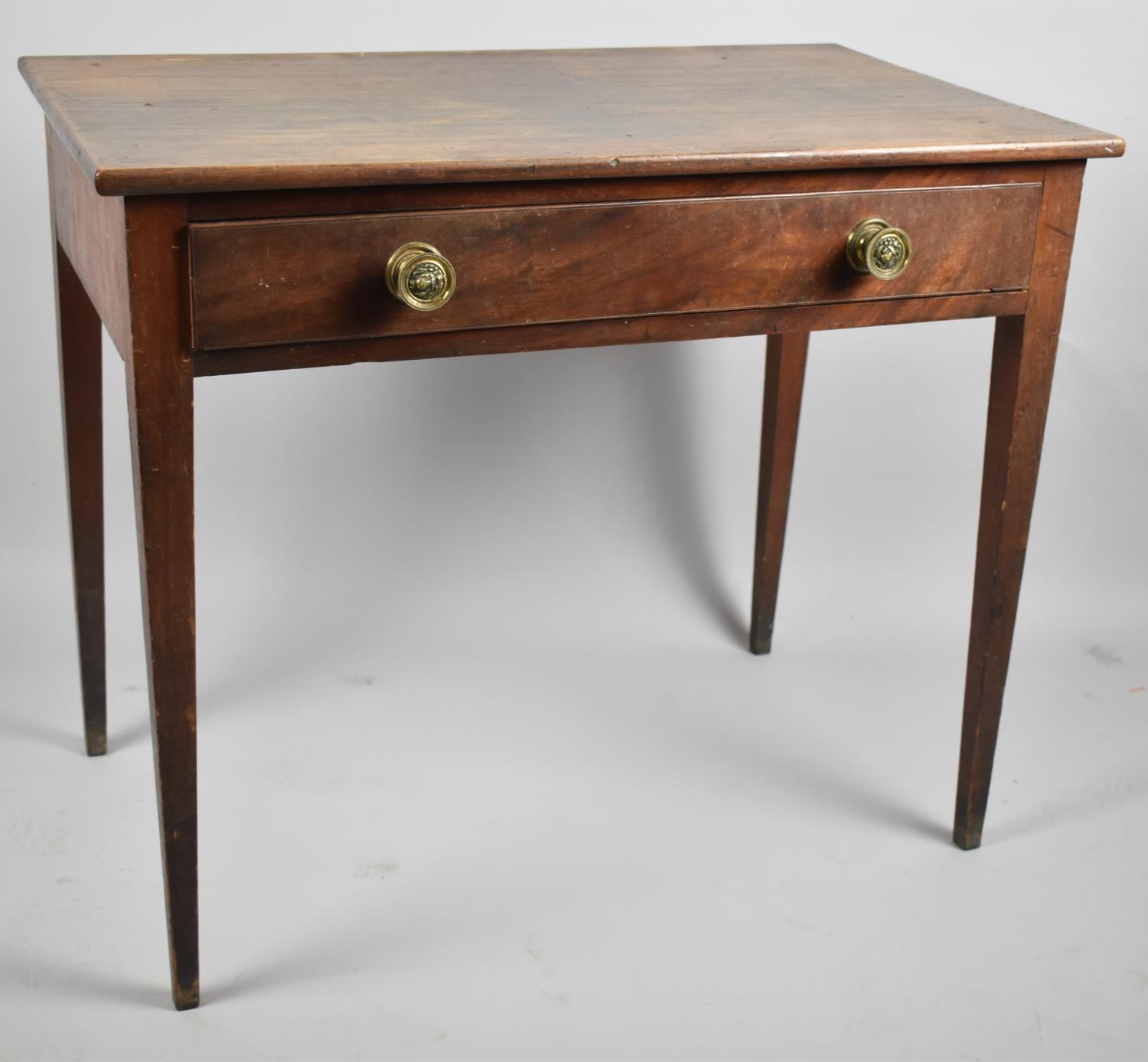 A Regency Mahogany Side Table with Single Long Drawer and Turned Brass Handles, Tapering Turned