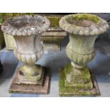 A Pair of Reconstituted Stone Campana Garden Urns on Stepped Plinths, 75cm high