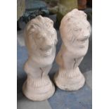 A Pair of Reconstituted Stone Garden Seated Lion Ornaments, Each 53cm High