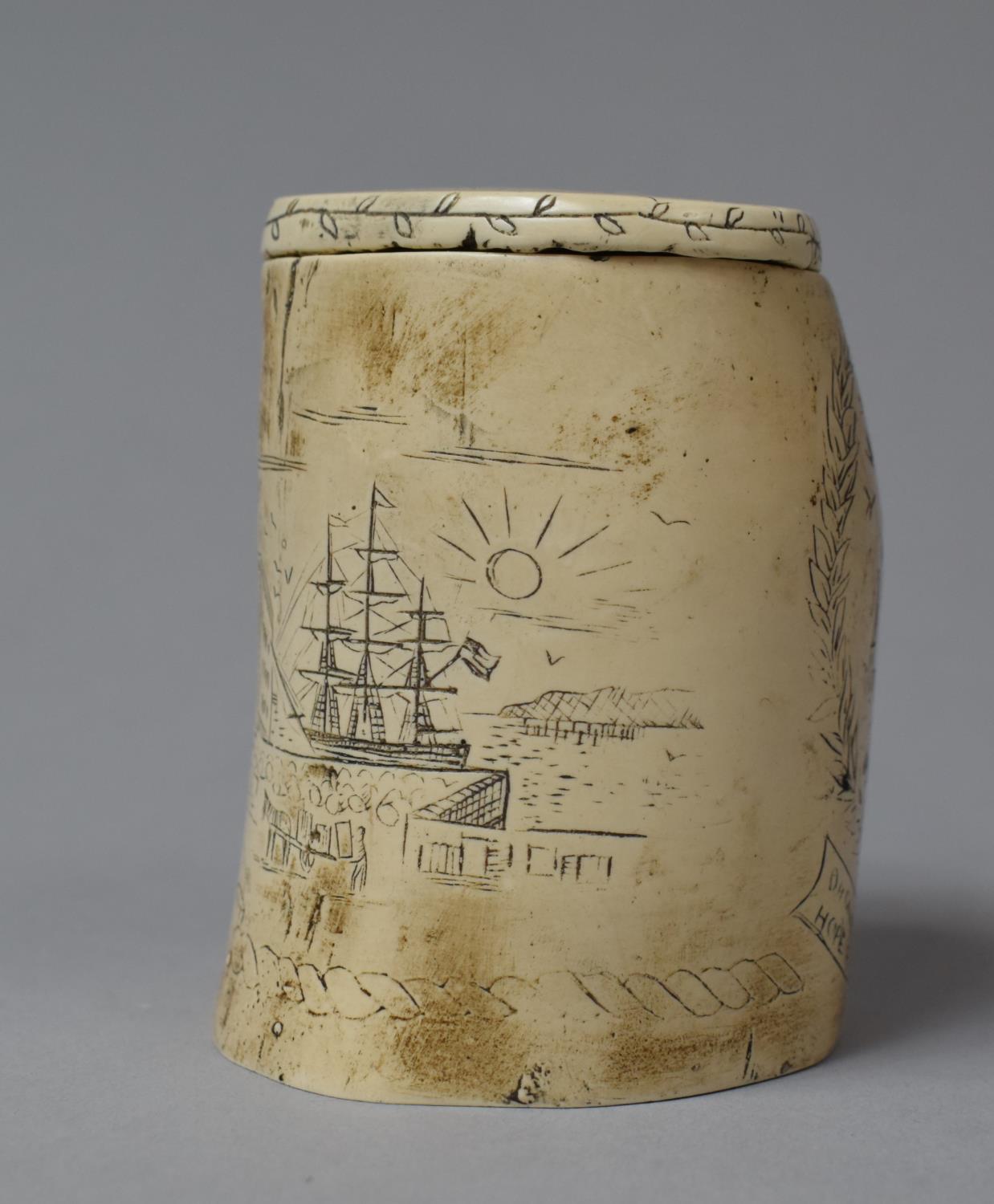 A Resin Scrimshaw Style Tobacco Pot in the Form of a Whale Tooth, 9cm high - Image 4 of 5