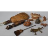 A Collection of Various Tribal and Treen Curios to Include Brush, Brass Lizard, Boxes etc