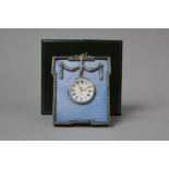 A Cased Kitney & Co. Faux Blue Enamel and White Metal Desk Clock In Original Case, 9.5cm