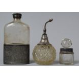 A Silver Mounted Hobnail Cut Glass Atomiser, Small Silver Glass Scent Bottle and a Silver Plated