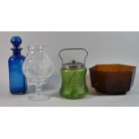 A Collection of Coloured and Plain Glassware to Include Decanter, Biscuit Barrel, Hexagonal Bowl etc