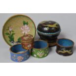 A Collection of Six Pieces of Cloisonné Ware to Include Lidded Pot on Stand, Dish, Napkin Rings