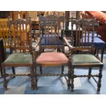 A Set of Three Oak Framed Barley Twist side Chairs to Include One Carver