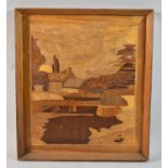 A Framed Marquetry Depicting River Scene, 27x31cm Overall