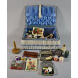 A Mid 20th Century Woven Sewing Box Containing Cottons and Sewing Accessories, 33cm wide