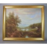 A Gilt Framed Oil on Canvas Depicting Cottages Beside Lake with Mountain in Distance, Signed