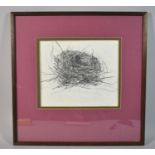 A Framed Pencil Sketch of a Birds Nest by Elisabeth Bricknell, 24x20cm