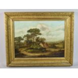 A 19th Century Gilt Framed Oil on Canvas Depicting Rural Cottage with Figures in the Foreground,