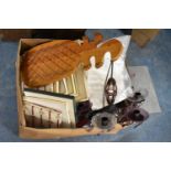 A Box Containing Various Kitchenware, Linens, Ceiling Chandelier etc