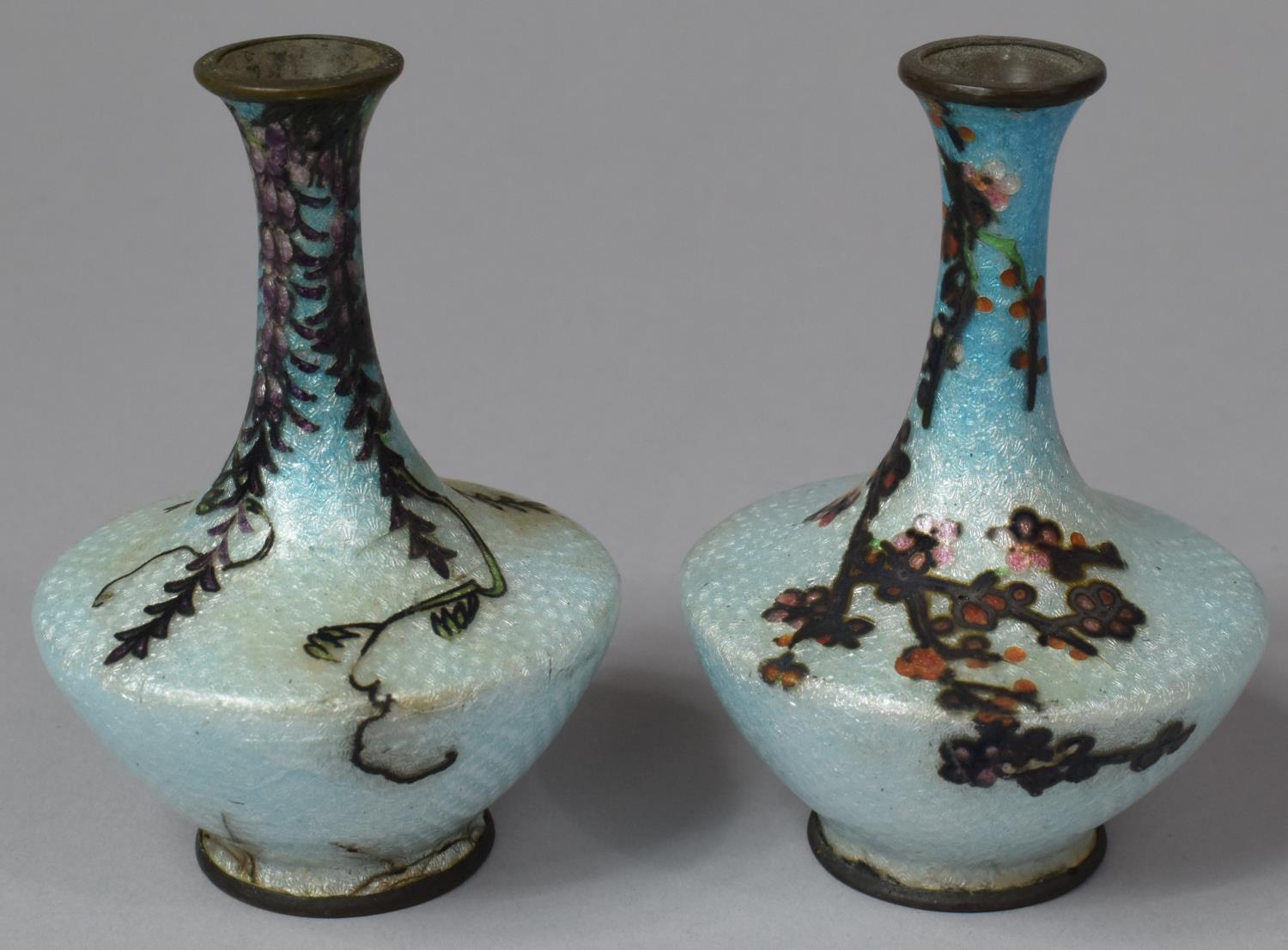 A Pair of Enamelled Vase in Pale Blue with Botanic Decoration, Some Condition Flaws to Enamel, 9cm