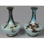 A Pair of Enamelled Vase in Pale Blue with Botanic Decoration, Some Condition Flaws to Enamel, 9cm