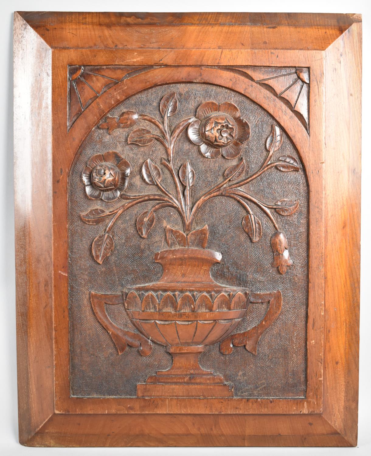 A Carved Rectangular Panel Depicting Two Handled Vase with Flowers, 37x47cm