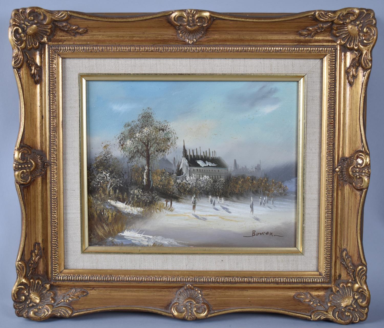 A Git Framed Oil on Canvas Depicting Figures in Front of Church