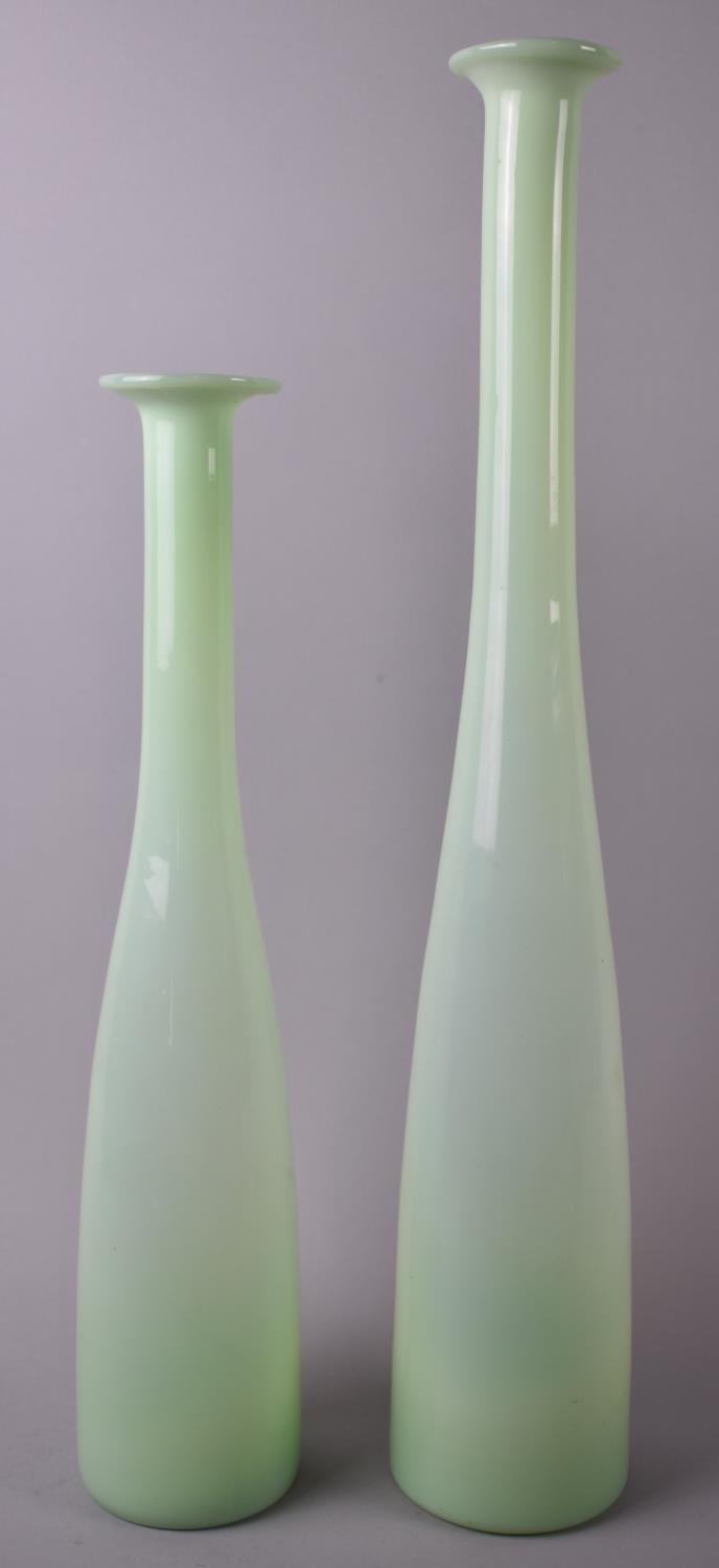 A Pair of Graduated Scandinavian Slender Green Glass Vases, 39cm and 49cm High